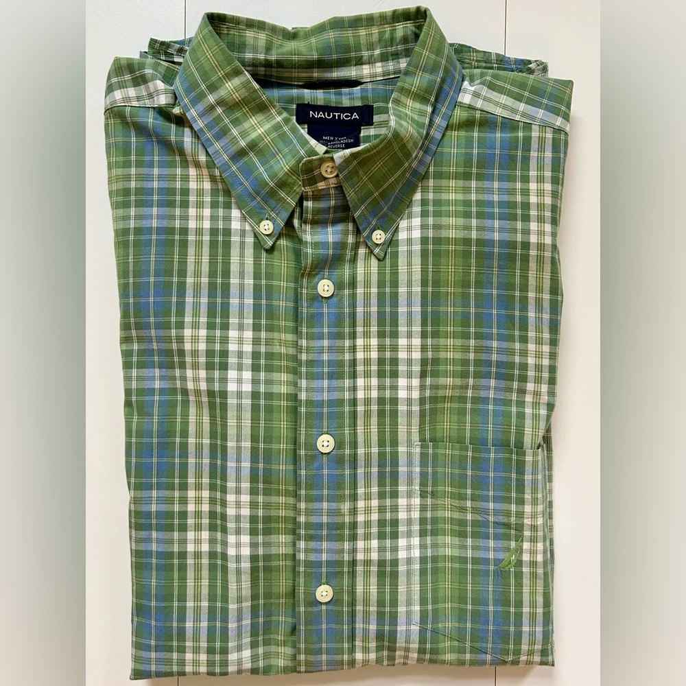 NAUTICAL BUTTON FRONT GREEN PLAID SHIRT XXL